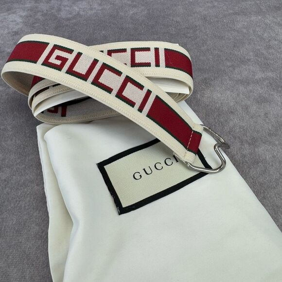 Gucci NWT Mens Logo Stripe Elastic Belt White Red Stretch Fabric 523344 105/42 - Picture 9 of 10